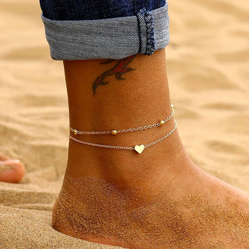 LETAPI Two Layers Chain Heart Style Gold/Silver Color Anklets For Women Bracelets Summer Barefoot Sandals Jewelry On Foot Leg