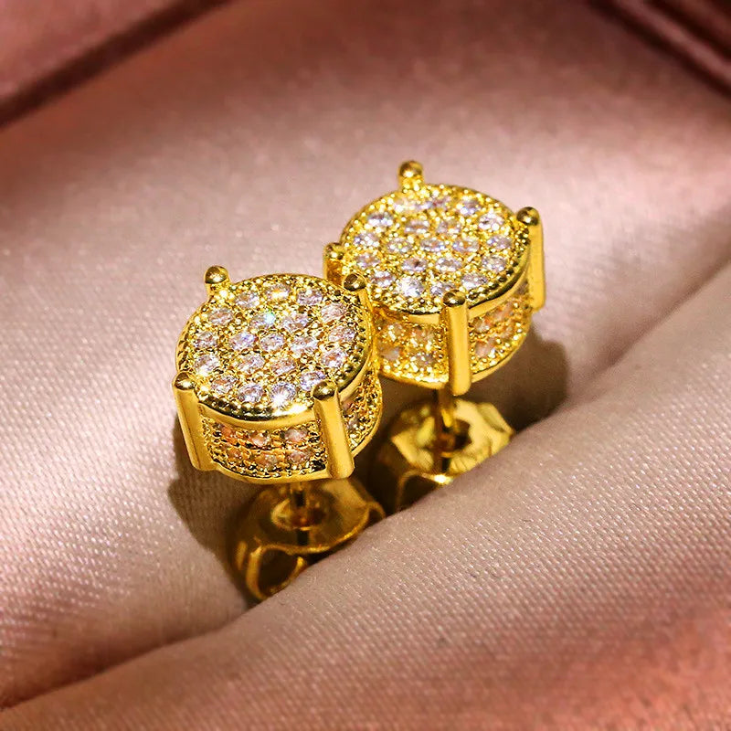 Luxury Full Crystal Round Earrings White Gold Yellow Gold Color White Zircon Stone Wedding Stud Earrings For Women Men Jewelry