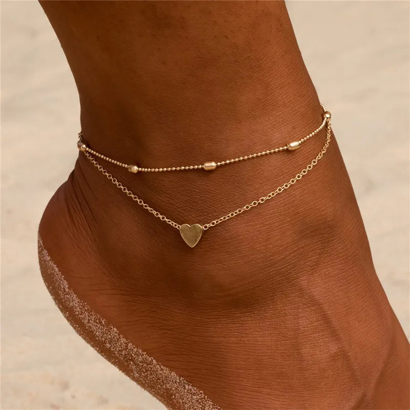 LETAPI Two Layers Chain Heart Style Gold/Silver Color Anklets For Women Bracelets Summer Barefoot Sandals Jewelry On Foot Leg
