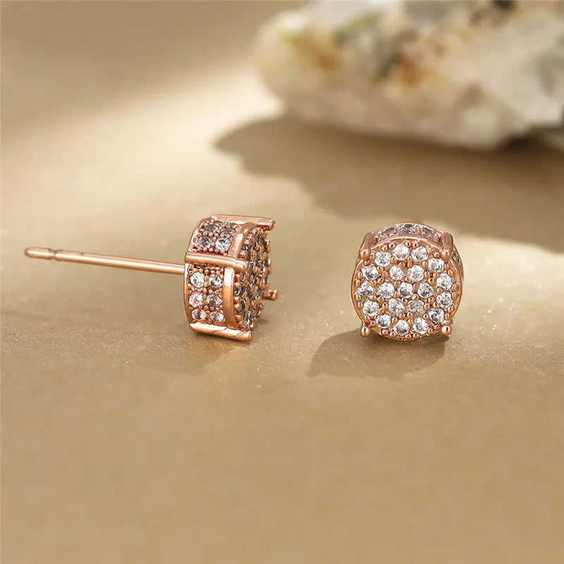Luxury Full Crystal Round Earrings White Gold Yellow Gold Color White Zircon Stone Wedding Stud Earrings For Women Men Jewelry