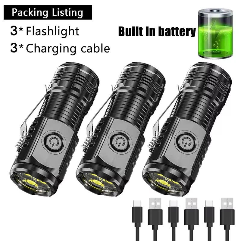 High Strong Power LED Flashlight Built-in Battery Rechargeable with Pen Clip Torch Outdoor Camping Emergency Lantern
