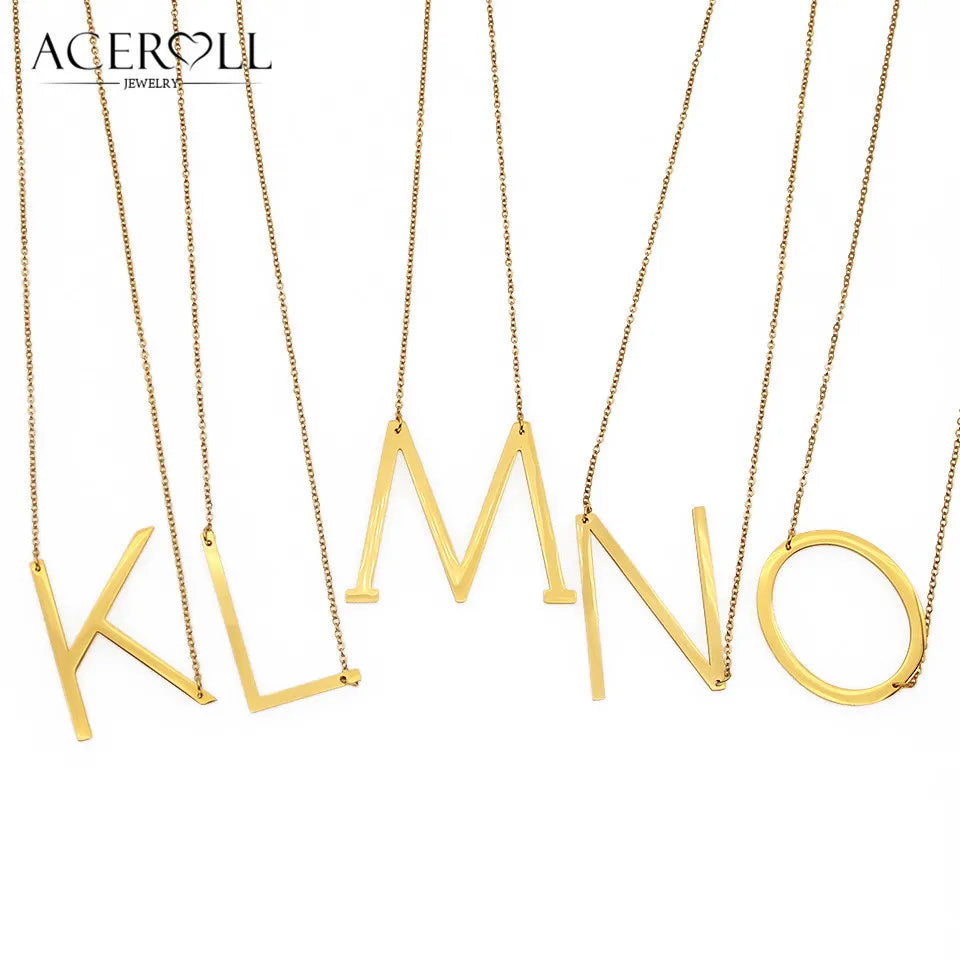 ACEROLL Initial Letter Necklace - Stainless Steel Fashion Large Sideways Alphabet Name Pendant Necklace