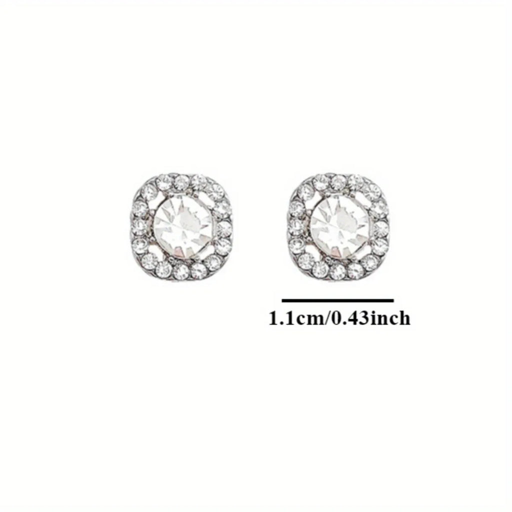 2pc Shiny Imitation Diamond Alloy Earrings Square Large Round Glass Rhinestone Women's Light Luxury Silvery Temperament Jewelry