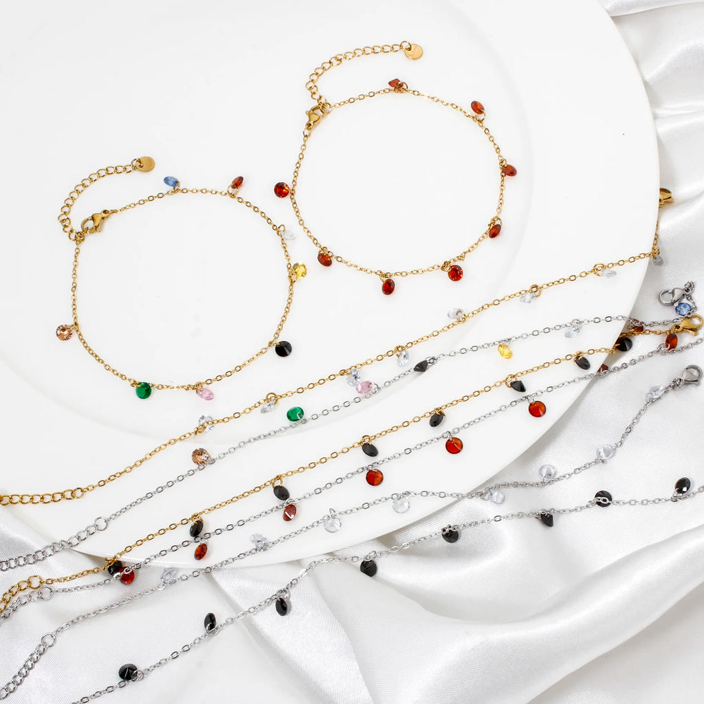 1 Piece 304 Stainless Steel Link Cable Chain Anklet Multicolor Rhinestone For Women Party Fashion Bracelets Gift 22cm(8.7") long