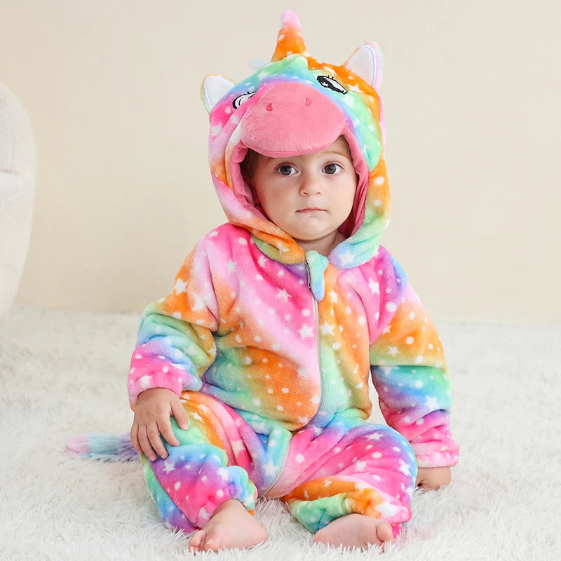 Cartoon Flannel Baby Rompers Unicorn Rabbit Dinosaur Pajamas Cotton Baby Boy Girls Animal Costume Baby Jumpsuit Kigurumi Outfits