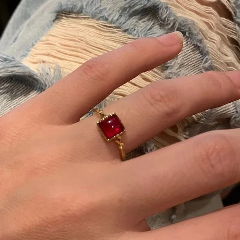 LATS Vintage Gothic Red Crystal Cross Geometry Open Rings for Women Y2k Punk Creative Grunge Jewelry Accessories Gift