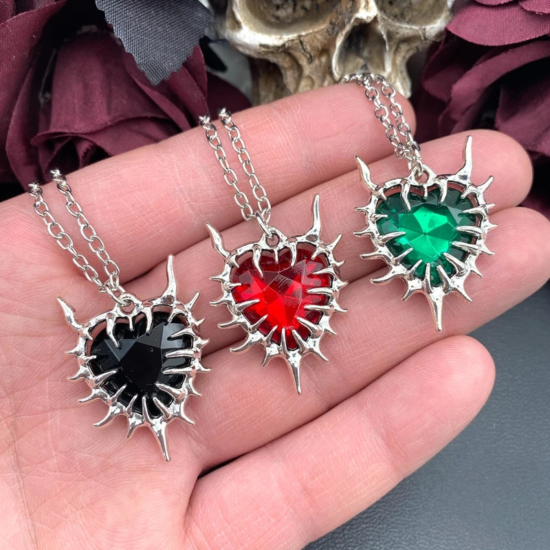 Spiky Red Glass Heart Pendant Necklace for Women Men Grunge Fashion Y2K Gothic Style Necklace Jewelry