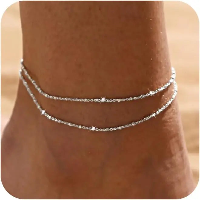 Women Sterling Silver Ankle Bracelets Trendy Waterproof Anklets Set Adjustable Layered Anklet Bracelets Summer Beach Jewelry