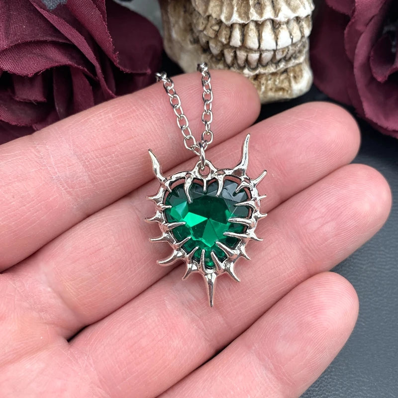 Spiky Red Glass Heart Pendant Necklace for Women Men Grunge Fashion Y2K Gothic Style Necklace Jewelry