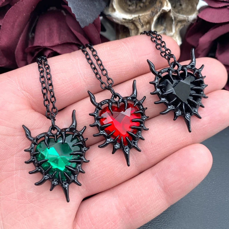 Spiky Red Glass Heart Pendant Necklace for Women Men Grunge Fashion Y2K Gothic Style Necklace Jewelry