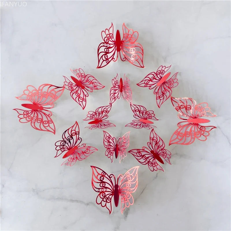 12Pcs/Set 3D Hollow Butterfly Wall Sticker Blue Red Black Wedding Decoration Living Room Home Decor Butterflies Decal Stickers