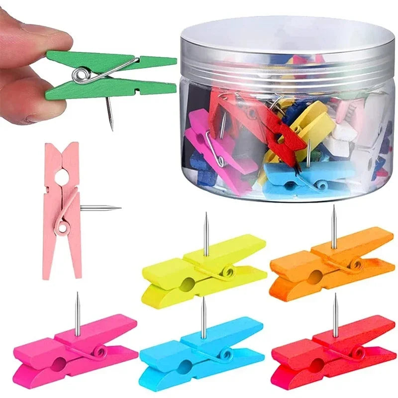 20Pcs/Box Clips Push Pin with Wooden Decorative Clips Durable Wooden Office School Stationery Thumb Tacks For Cork Blackboard