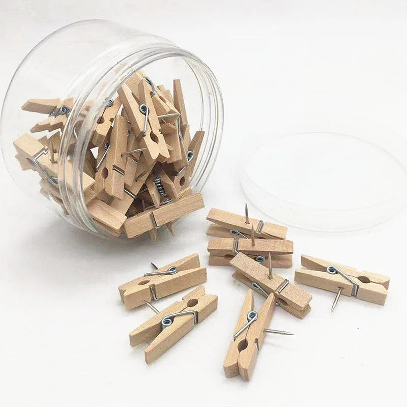 20Pcs/Box Clips Push Pin with Wooden Decorative Clips Durable Wooden Office School Stationery Thumb Tacks For Cork Blackboard