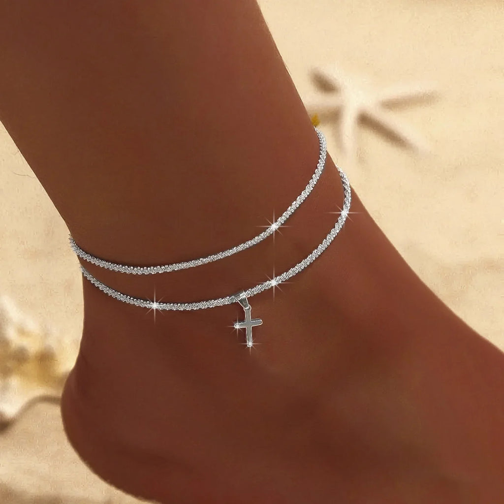 Sparkling Thin Chain Anklet Bracelet for Women Zircon Cross Pendant Bracelet on Leg Foot 2024 Trendy Boho Summer Beach Jewellry