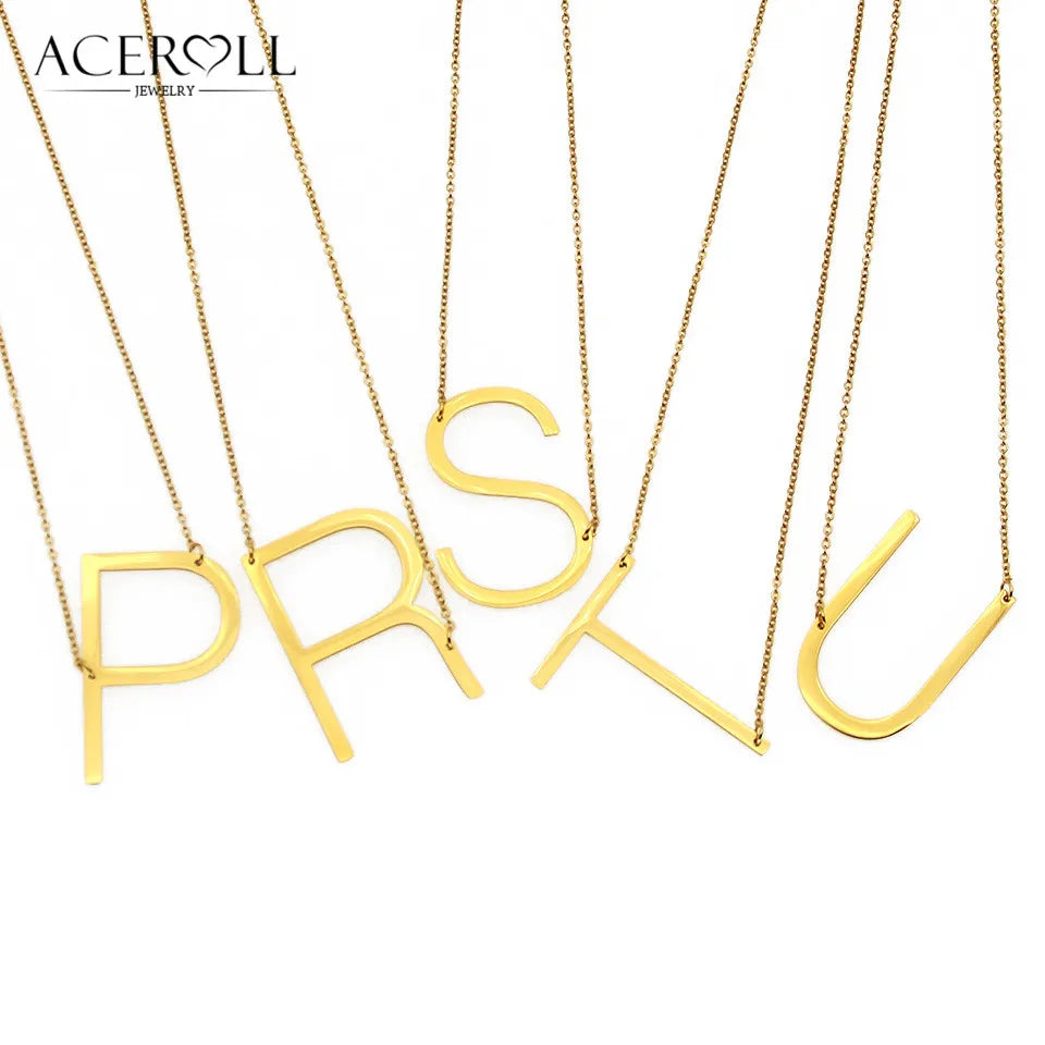 ACEROLL Initial Letter Necklace - Stainless Steel Fashion Large Sideways Alphabet Name Pendant Necklace