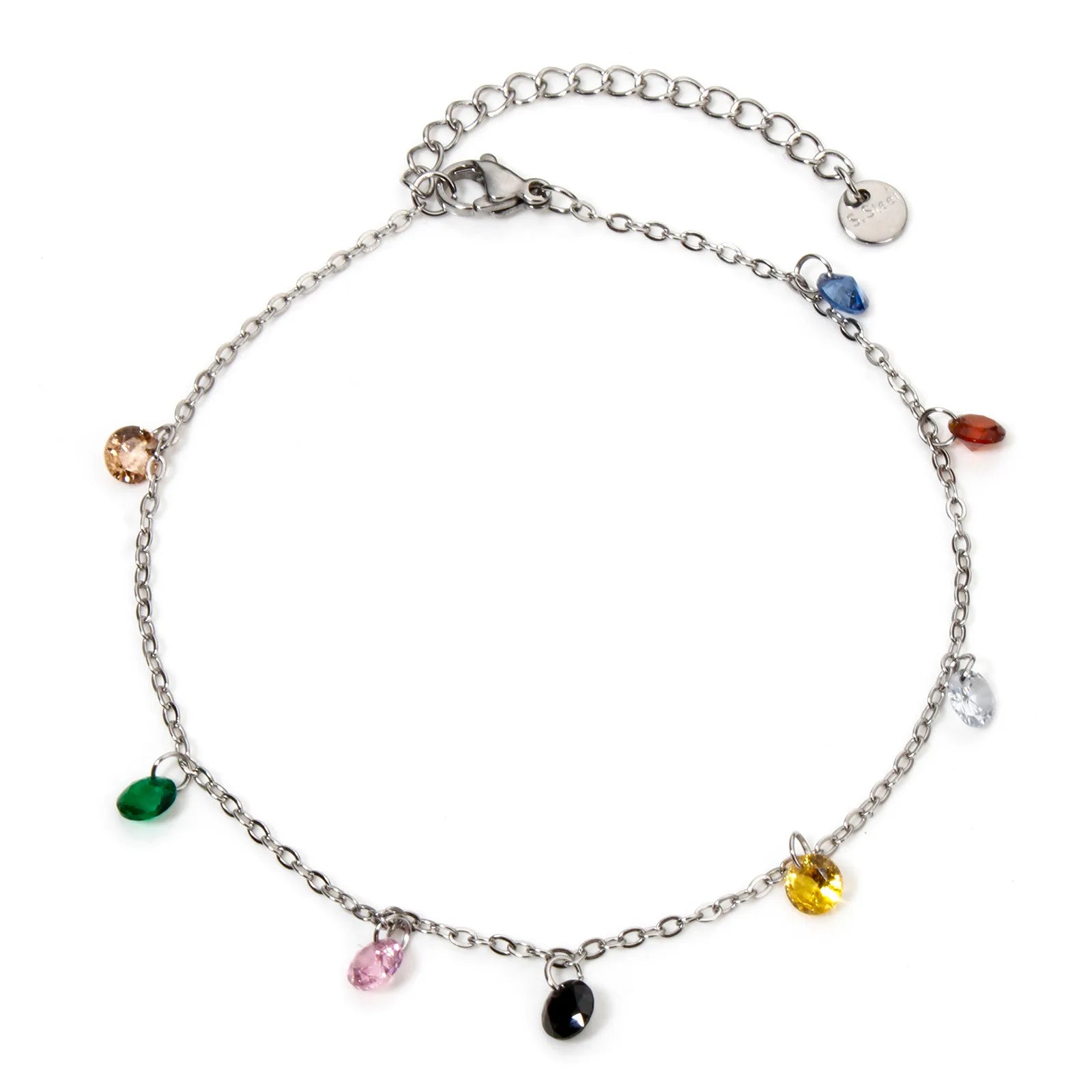1 Piece 304 Stainless Steel Link Cable Chain Anklet Multicolor Rhinestone For Women Party Fashion Bracelets Gift 22cm(8.7") long