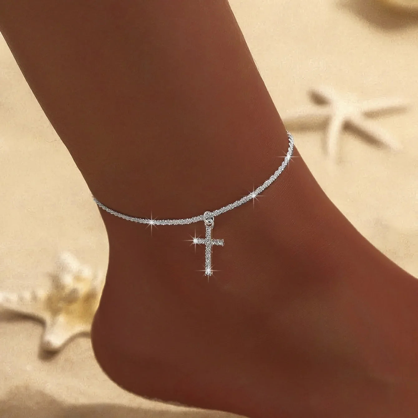 Sparkling Thin Chain Anklet Bracelet for Women Zircon Cross Pendant Bracelet on Leg Foot 2024 Trendy Boho Summer Beach Jewellry