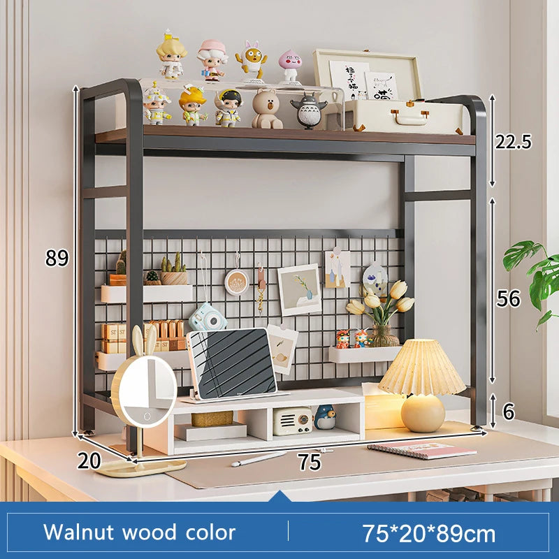 Bookshelf Bookcase With Grid Desktop Multi-layer Wrought Iron Shelf Student Computer Desk Table Hole Board Table Wooden Shelves