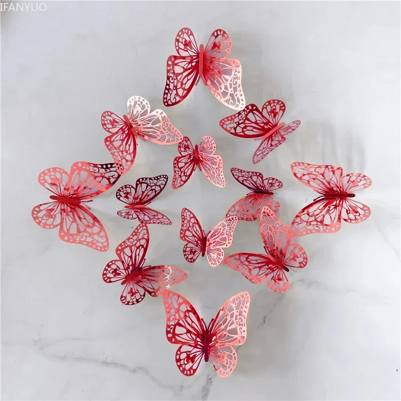 12Pcs/Set 3D Hollow Butterfly Wall Sticker Blue Red Black Wedding Decoration Living Room Home Decor Butterflies Decal Stickers