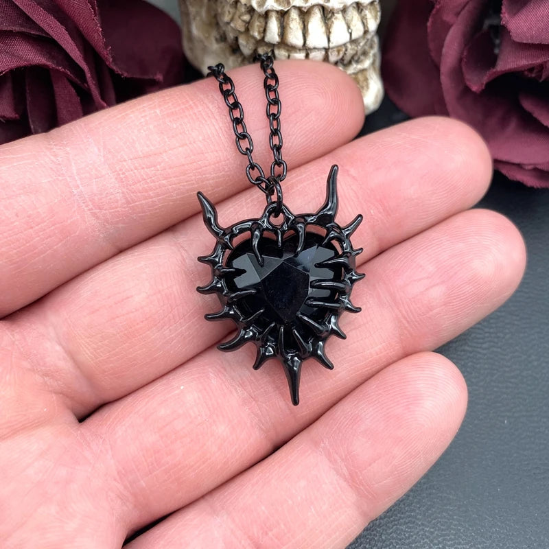 Spiky Red Glass Heart Pendant Necklace for Women Men Grunge Fashion Y2K Gothic Style Necklace Jewelry