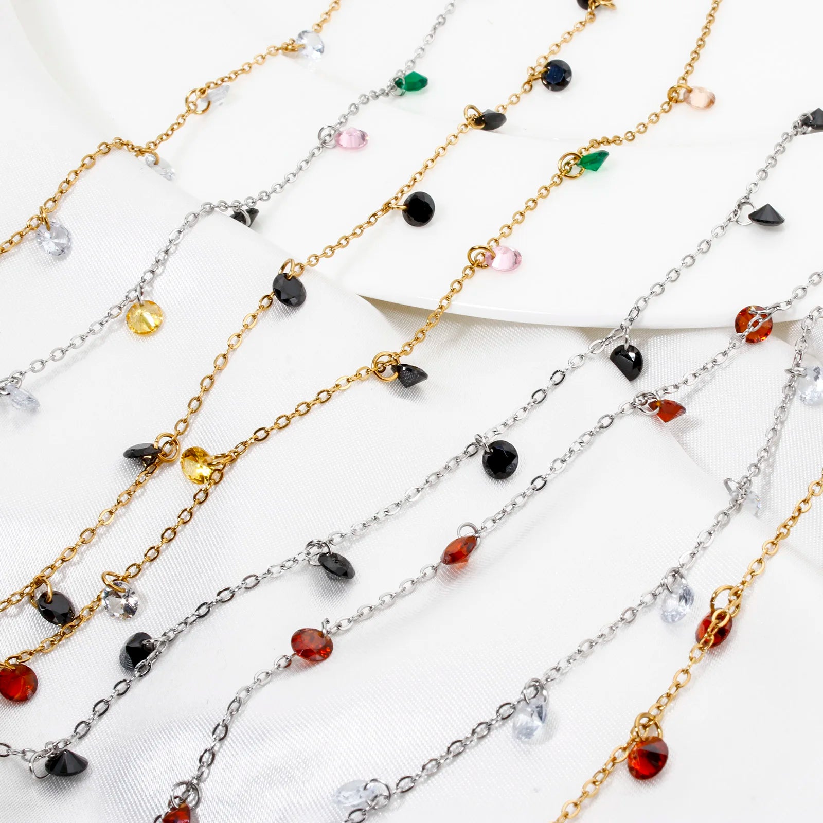 1 Piece 304 Stainless Steel Link Cable Chain Anklet Multicolor Rhinestone For Women Party Fashion Bracelets Gift 22cm(8.7") long