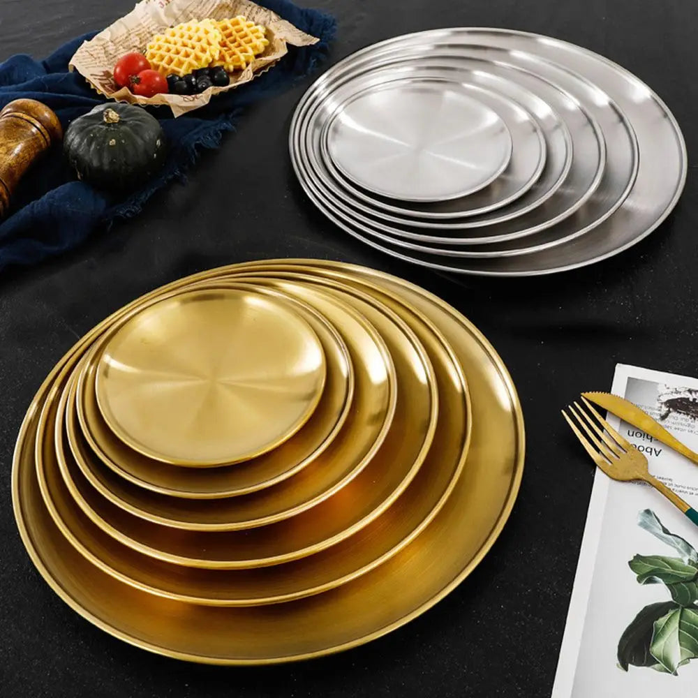 High Quality Stainless Steel Bone Spitting Dish Gold Silver Colors Shallow Tray Metal Dining Disc Fruit Meat Round Plate
