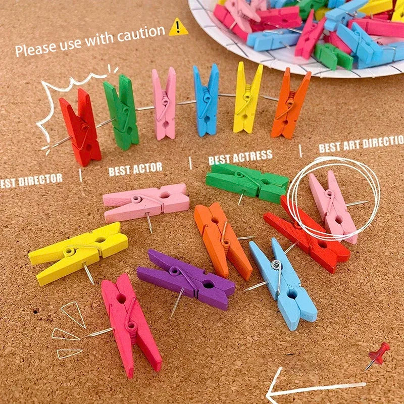 20Pcs/Box Clips Push Pin with Wooden Decorative Clips Durable Wooden Office School Stationery Thumb Tacks For Cork Blackboard