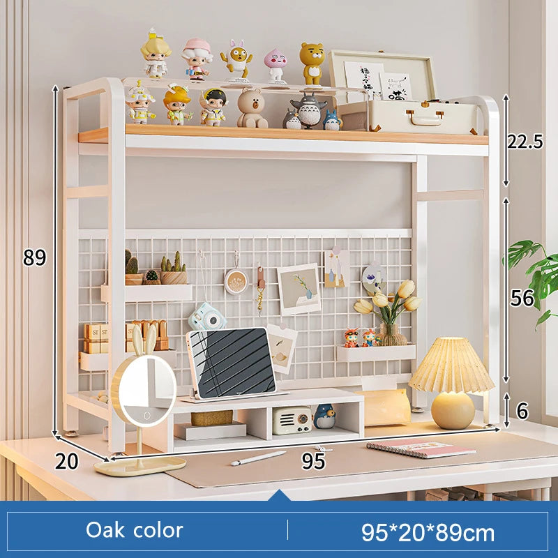 Bookshelf Bookcase With Grid Desktop Multi-layer Wrought Iron Shelf Student Computer Desk Table Hole Board Table Wooden Shelves