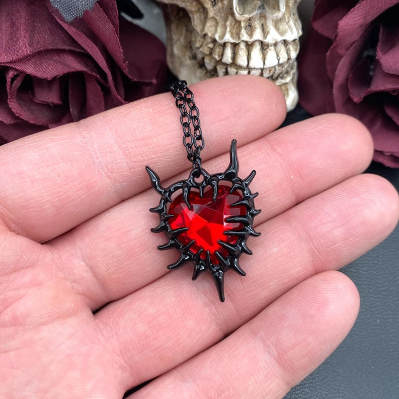 Spiky Red Glass Heart Pendant Necklace for Women Men Grunge Fashion Y2K Gothic Style Necklace Jewelry