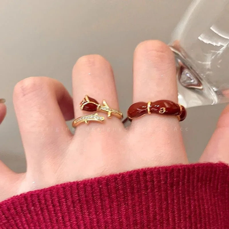 LATS Vintage Gothic Red Crystal Cross Geometry Open Rings for Women Y2k Punk Creative Grunge Jewelry Accessories Gift