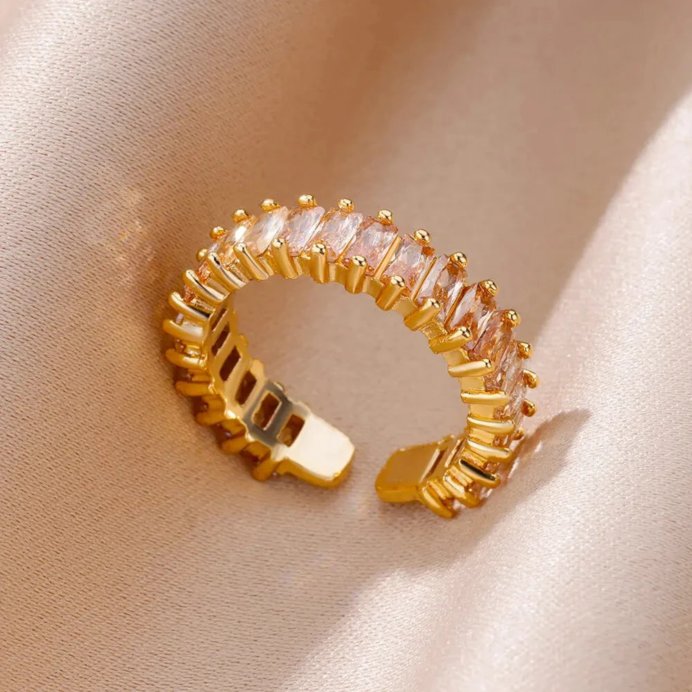 Colorful Cubic Zircon Ring for Women Stainless Steel Gold Color Open Ring Vintage Boho Wedding Party Jewelry Gift Accessories