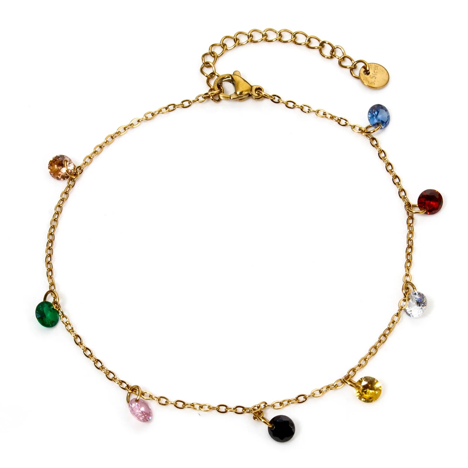 1 Piece 304 Stainless Steel Link Cable Chain Anklet Multicolor Rhinestone For Women Party Fashion Bracelets Gift 22cm(8.7") long