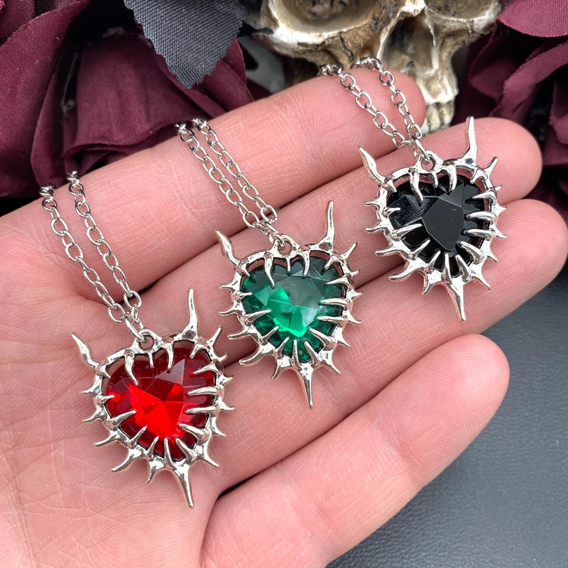 Spiky Red Glass Heart Pendant Necklace for Women Men Grunge Fashion Y2K Gothic Style Necklace Jewelry