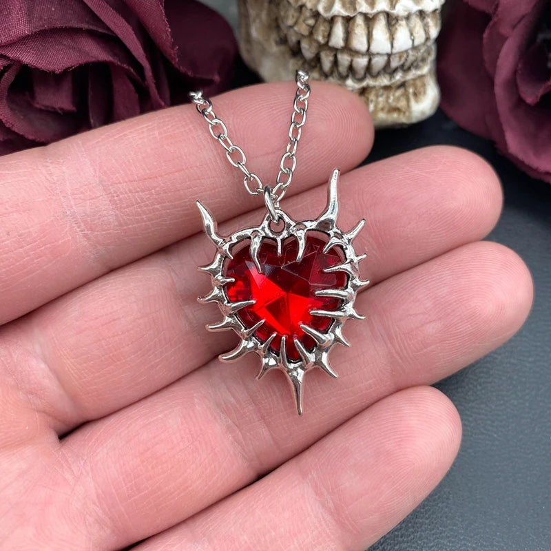 Spiky Red Glass Heart Pendant Necklace for Women Men Grunge Fashion Y2K Gothic Style Necklace Jewelry