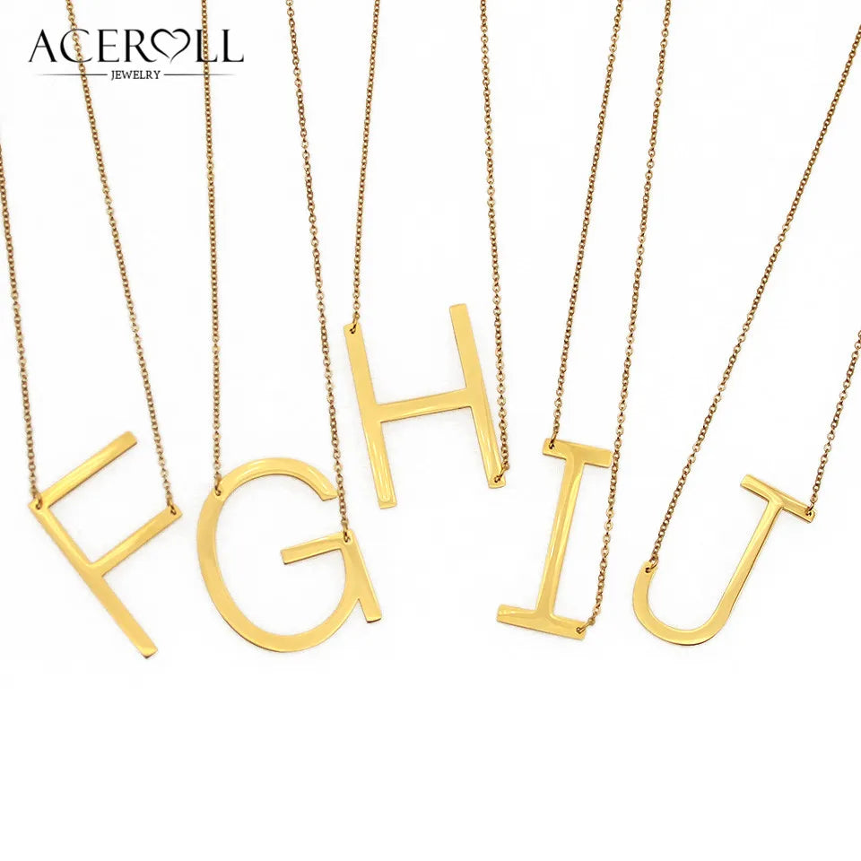 ACEROLL Initial Letter Necklace - Stainless Steel Fashion Large Sideways Alphabet Name Pendant Necklace