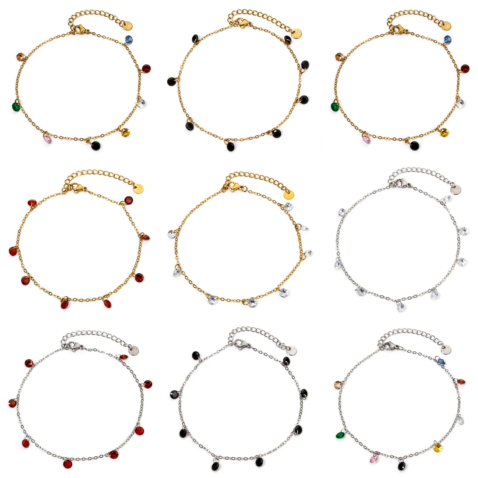 1 Piece 304 Stainless Steel Link Cable Chain Anklet Multicolor Rhinestone For Women Party Fashion Bracelets Gift 22cm(8.7") long