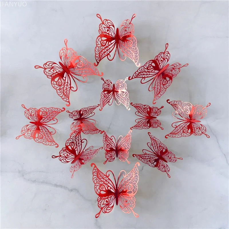 12Pcs/Set 3D Hollow Butterfly Wall Sticker Blue Red Black Wedding Decoration Living Room Home Decor Butterflies Decal Stickers
