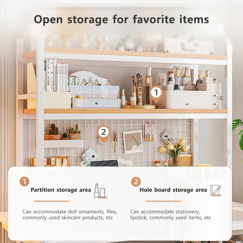 Bookshelf Bookcase With Grid Desktop Multi-layer Wrought Iron Shelf Student Computer Desk Table Hole Board Table Wooden Shelves